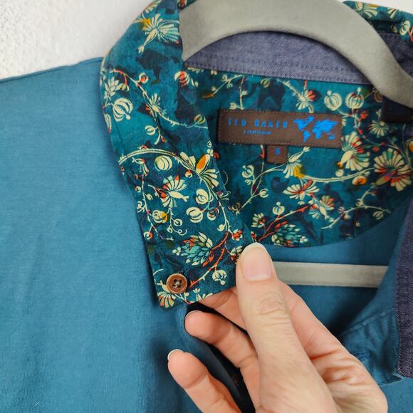 Ted Baker Polo Shirt Mens XXL 5‎ Floral Collar Teal Blue 100% Cotton Preppy - Picture 3 of 8